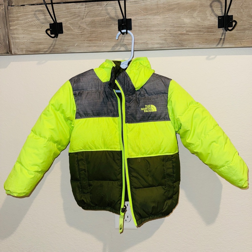 The North Face Neon Yellow, Olive & Gray Kids Puffer Jacket